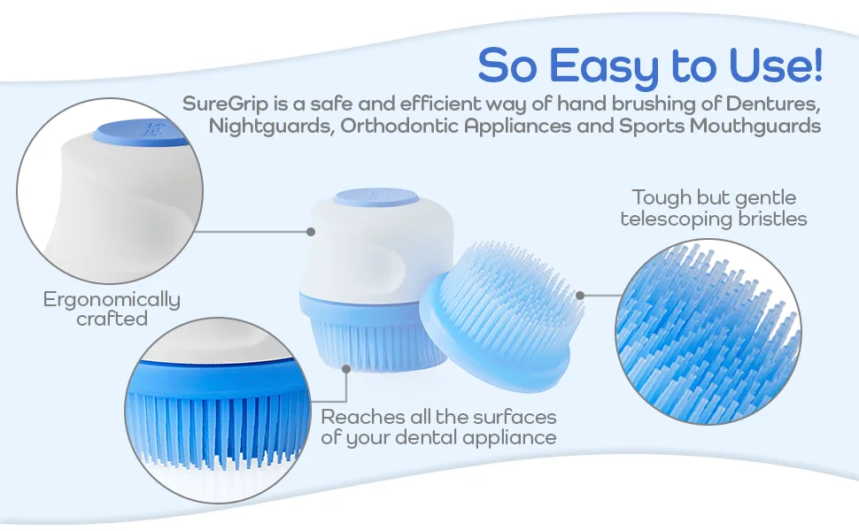 Dr Mark s SureGrip Denture Cleaning Brush  Brushing Tool for Fresh  Deep Clean  Replacement Toothbrush for Dentures  Scrubs and Washes Away Food  Bio Films  and Microscopic Invaders - SureGrip Instructions and Benefits