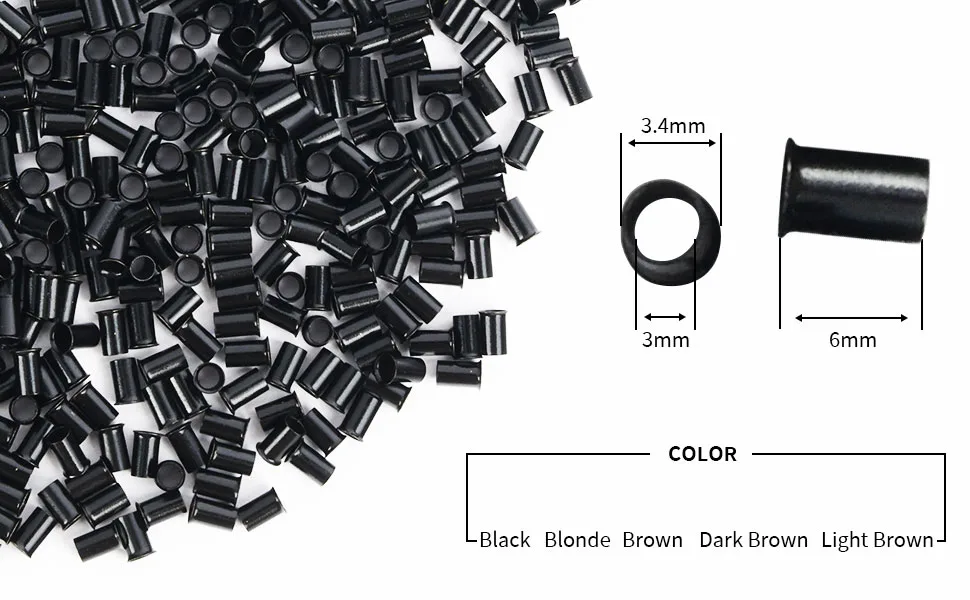 Vlasy 3.4mm Microlink Beads Non-Silicone Copper Tubes Beads Locks Micro Link Ring Tube (1000Pcs  Black) 1000Pcs Black - Hair extensions Beads