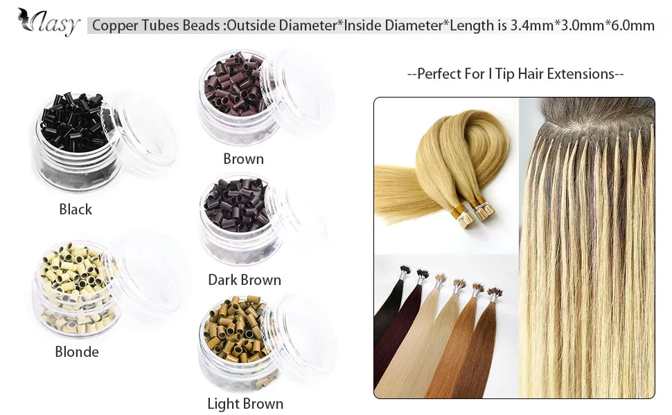 Vlasy 3.4mm Microlink Beads Non-Silicone Copper Tubes Beads Locks Micro Link Ring Tube (1000Pcs  Black) 1000Pcs Black - Perfect for I tip hair extensions