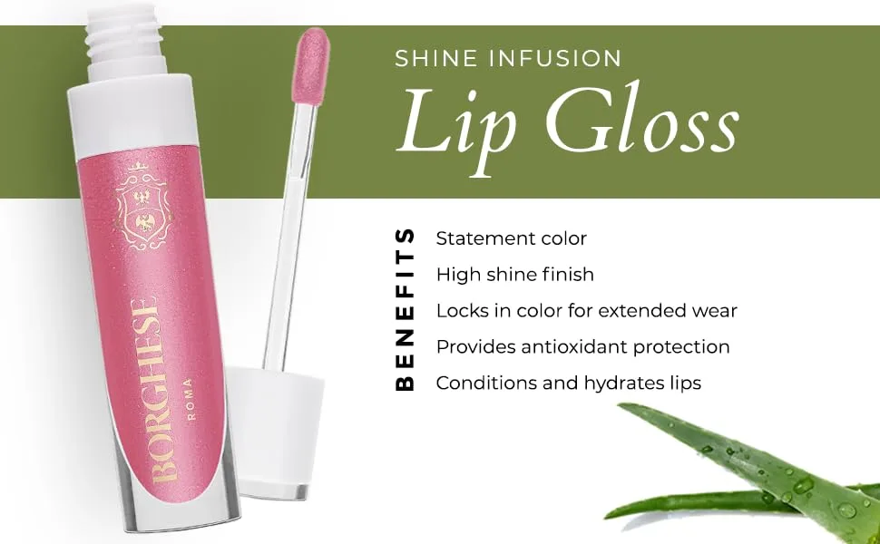 Borghese Shine Infusion Glitter Lip Gloss  Long Lasting - After Dark Gloss Shade Disco Kiss: Ros  luster / Blush sheen - Borghese Shine Infusion Glitter Lip Gloss