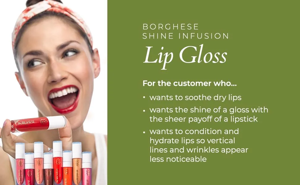 Borghese Shine Infusion Glitter Lip Gloss  Long Lasting - After Dark Gloss Shade Disco Kiss: Ros  luster / Blush sheen - Borghese Shine Infusion Glitter Lip Gloss