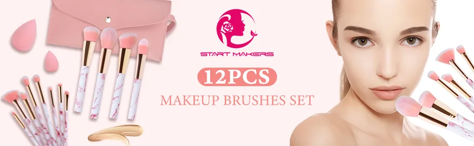 Makeup Brushes START MAKERS Professional 12Pcs Pink Marble Makeup Brush Set with Foundation Concealer Blush Eyeshadow Make Up Brushes Beauty Blender and Make Up Bag - makeup brushes