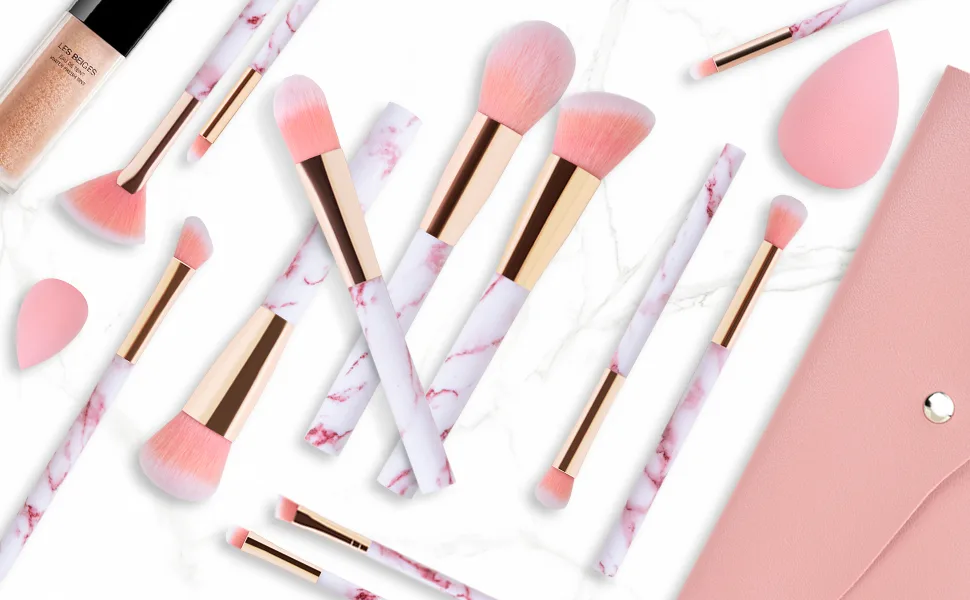 Makeup Brushes START MAKERS Professional 12Pcs Pink Marble Makeup Brush Set with Foundation Concealer Blush Eyeshadow Make Up Brushes Beauty Blender and Make Up Bag - pink makeup brushes