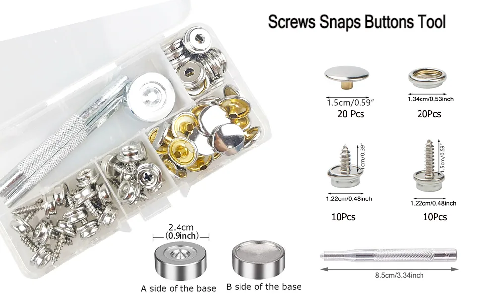 Snaps Kit for Boat Cover Canvas Screws Snaps Buttons Tool Marine Grade Sewing Fastener with 2Pcs Setting Tool (60pcs) - product information 2