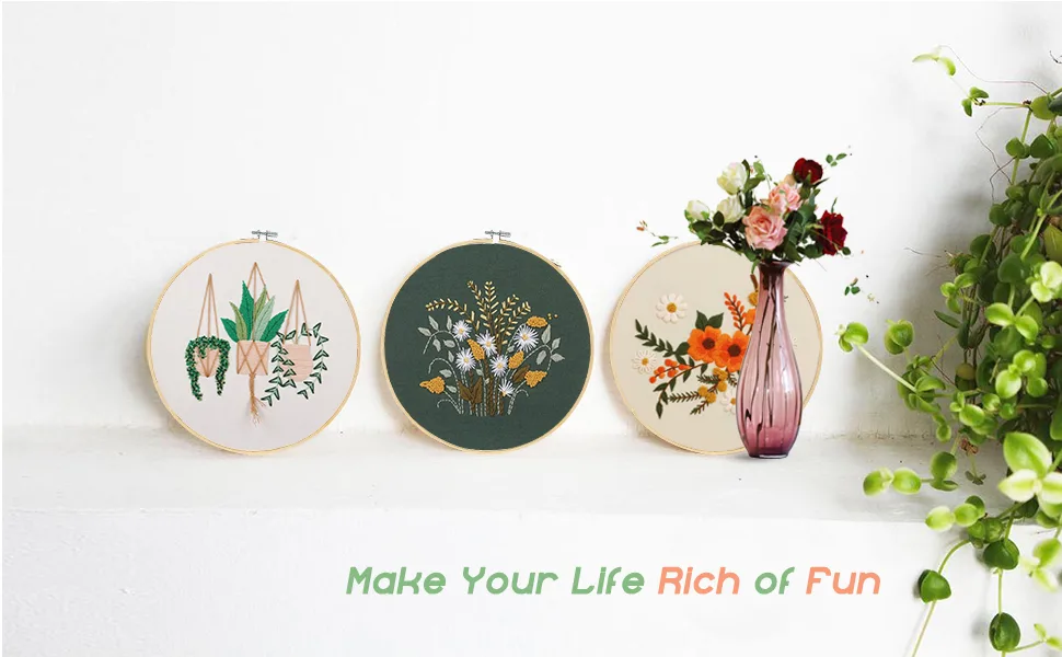 Santune 3 Sets Embroidery Starter Kit with Pattern and Instructions  Cross Stitch Set  Stamped Kits Clothes Pattern  1 Hoops B-Plants Flowers - Embroidery Starter Kit