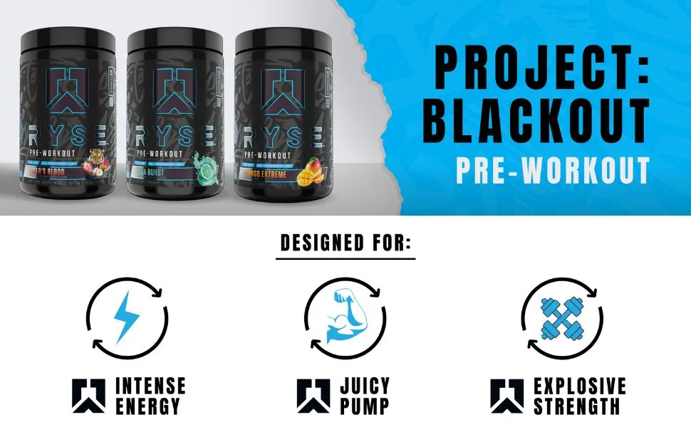 Ryse Project Blackout Pre Workout | Pump  Energy  and Strength | with Caffeine  Vitacholine  Nitrates  and Theobromine | 25 Servings (Mango Extreme) Mango Xtreme - RYSE Project Blackout Header
