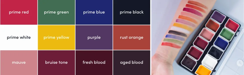 Narrative Cosmetics FX Alcohol-Activated Palette  Activator  and Remover Kit  Professional SFX Makeup Set Kit (Palette + Alcohol Activator + Remover) - Color chart of fx makeup palette for stage, film, costumes, cosplay and forearm with color swatches