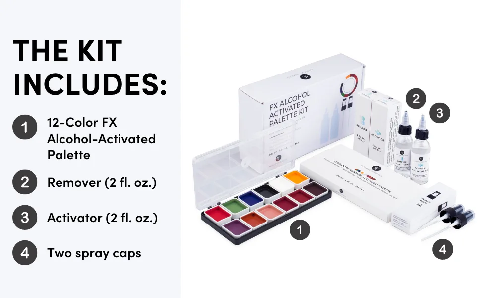 Narrative Cosmetics FX Alcohol-Activated Palette  Activator  and Remover Kit  Professional SFX Makeup Set Kit (Palette + Alcohol Activator + Remover) - fx alcohol-activated palette kit includes 12-color makeup palette, remover, activator, 2 spray caps