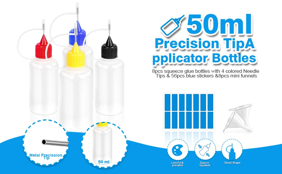 YGDZ 50ml Needle Tip Squeeze Bottle  8 PCS Precision Tip Applicator Bottles Glue Squeeze Bottles for Painting Quilling Ink Card Making  56pcs Stickers  8pcs Mini Funnels - Precision Tip Applicator Bottles