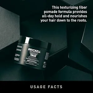 Brickell Men's Products Strong Hold Texturizing Pomade For Men  Natural and Organic  Pliable Fiber Pomade  2 Ounce  Scented - Usage Facts, Provides all-day hold, Nourishes hair down to the roots