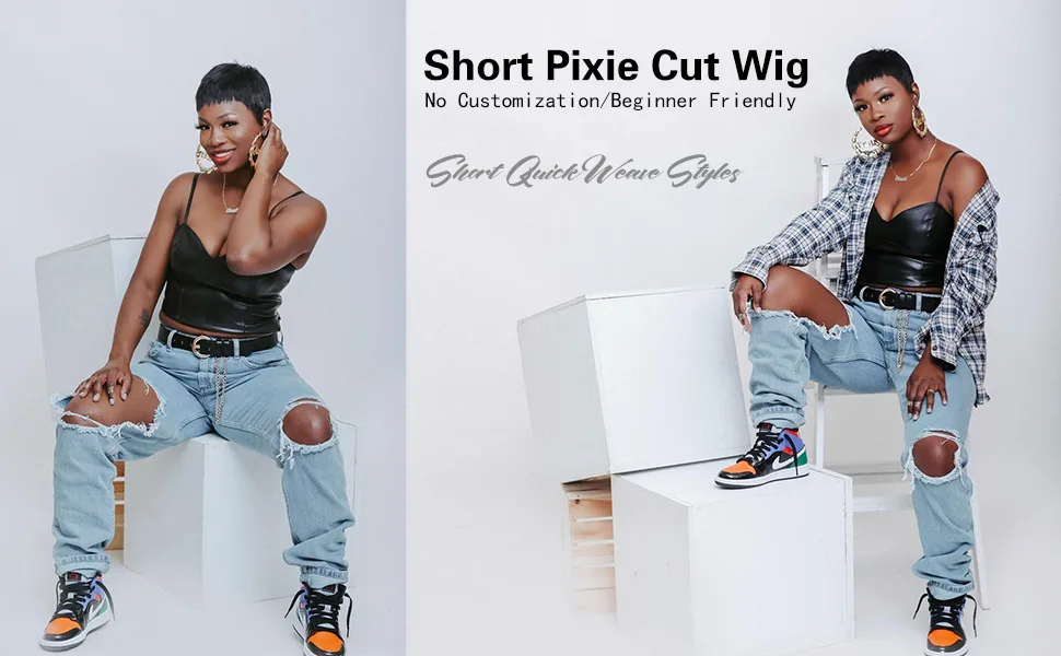 Gabrielle Short Human Hair Pixie Cut Wigs 100% Human Hair Cute Wig Short Pixie Wigs for Black Women Natural Boy Cut Wigs (Pixie Cut  1B) - short wig