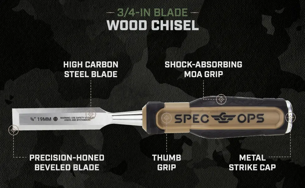 Spec Ops - SPEC-C1-34 Tools Wood Chisel  3/4 Blade  High-Carbon Steel Blade  Shock-Absorbing Grip  3% Donated to Veterans - Chisel