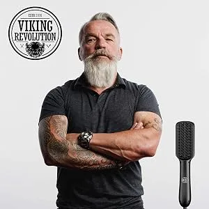 Beard Straightener Brush for Men - Fast Heating Ceramic and Ionic Mens Beard Straightener Comb - Heated Beard Brush - Includes Wooden Beard Comb & Beard Balm with Sandalwood Scent - Beard Straightener