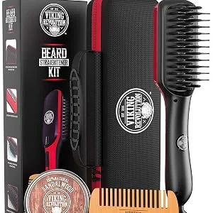 Beard Straightener Brush for Men - Fast Heating Ceramic and Ionic Mens Beard Straightener Comb - Heated Beard Brush - Includes Wooden Beard Comb & Beard Balm with Sandalwood Scent - Beard Straightener Brush