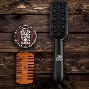 Beard Straightener Brush for Men - Fast Heating Ceramic and Ionic Mens Beard Straightener Comb - Heated Beard Brush - Includes Wooden Beard Comb & Beard Balm with Sandalwood Scent - Heated Beard Brush