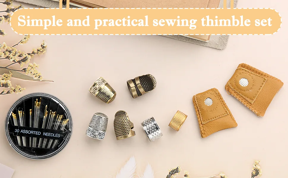 8 Pcs Sewing Thimble + 30 Pcs Sewing Needles  Finger Protector Fingertip Thimble Adjustable Metal Bronze Sewing Thimble Rings and Leather Coin Thimble for Needlework  Hand Embroidery Craft - Sewing Thimble
