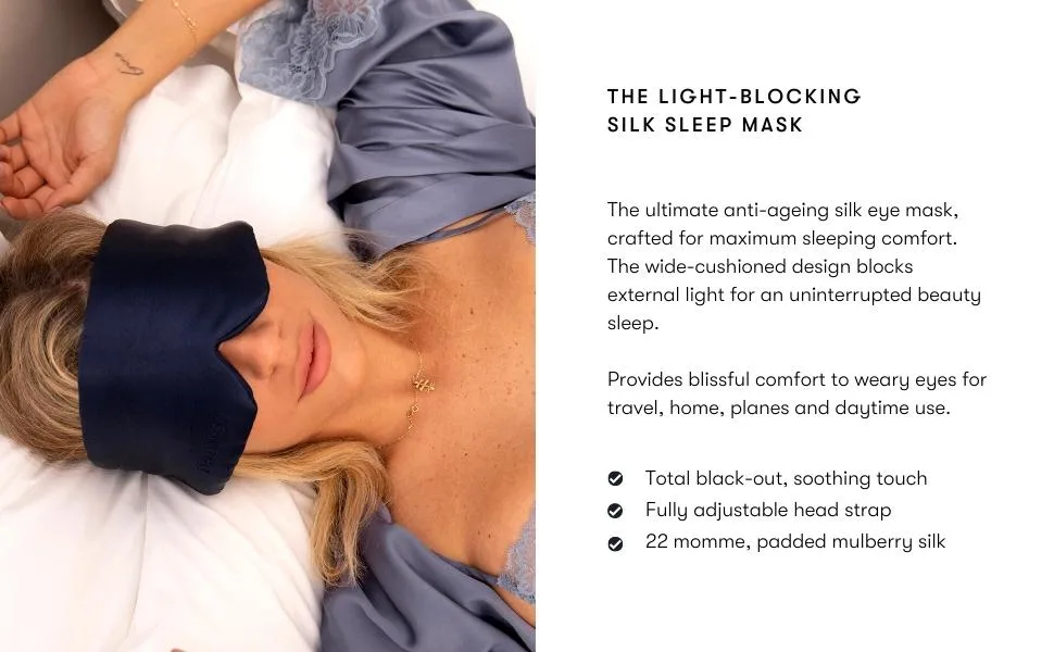 DROWSY Silk Sleep Mask. Face-Hugging  Padded Silk Cocoon for Luxury Sleep in Total Darkness. (Midnight Blue) - anti-ageing anti-aging sleeping comfort light blocking adjustable hypoallergenic black out beauty