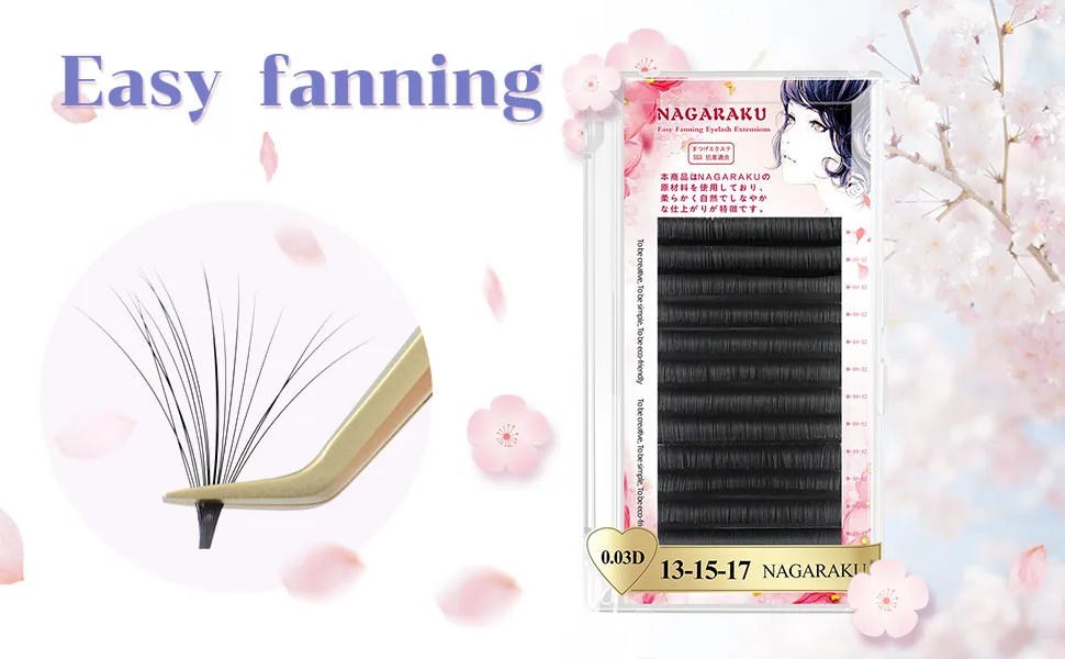 NAGARAKU Easy Fan Mega Volume Eyelash Extensions 0.03 D curl 13-15-17mm Mix Self Blooming Rapid Automatic Flower 3 Layers Soft Pre-glued Lashes 13-15-17 mix 0.03 D - easy fanning