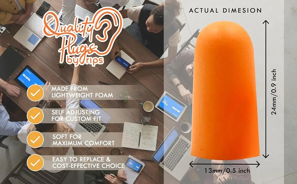 Quality Foam Ear Plugs 500 Pair - 32 dB Disposable Soft Noise Cancelling Sound Blocking Soft Ear Plugs Dispenser Refill Orange 500 Pair Refill Orange - Ear Plugs dimensions are medium. Made of lightweight soft foam for maximum comfort.