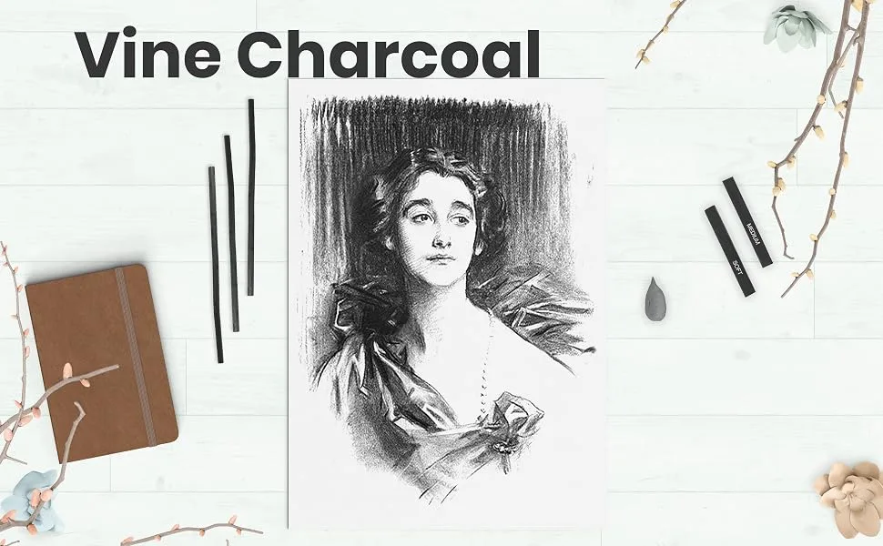 Pacific Arc Artist Vine Charcoal  Soft  Black 12 Pieces  Artist Vine Charcoal Sticks  Extra Soft and Smooth Drawing Charcoal Soft 12 Sticks - Vine Charcoal