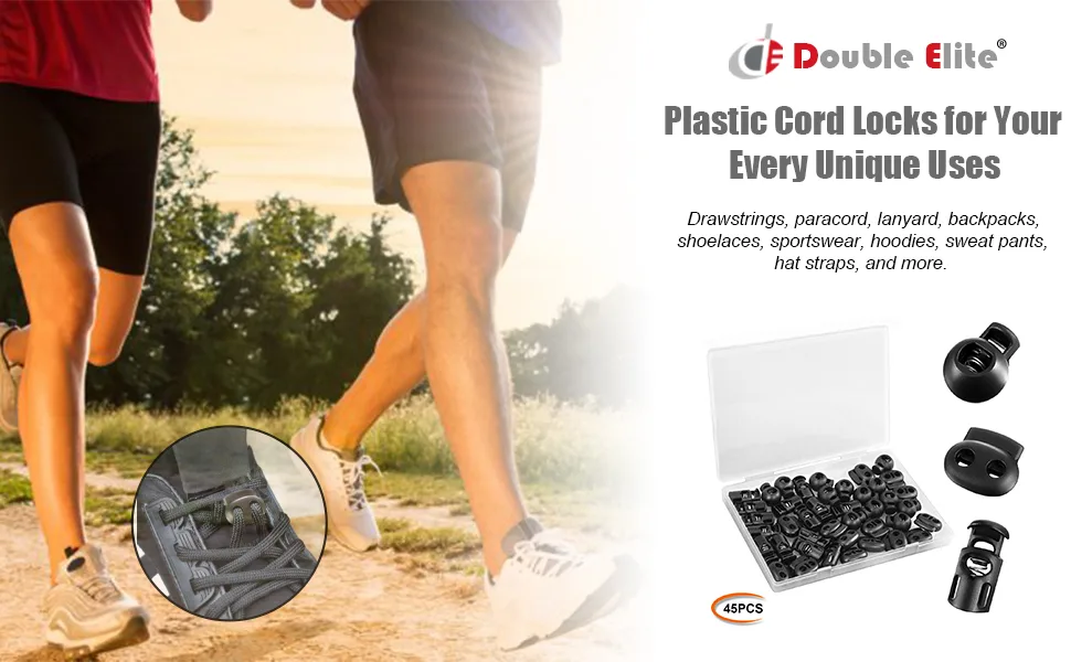 Plastic Cord Lock 45Pcs  Single Hole/Double Hole Cord Stopper  Spring Cord Toggle for Drawstrings/Paracord/Shoelaces  Black Elastic Cord Adjuster by Double Elite Mixed 45 pcs - Double Elite Cord Locks - banner