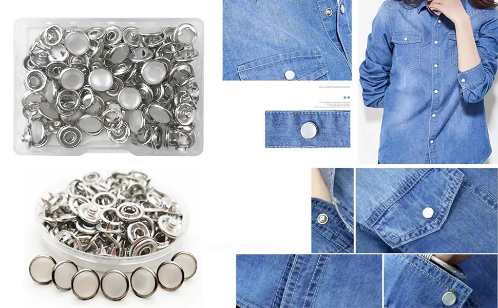 Pearl Snaps Fasteners Kit 10mm Clothes Ring for Western Shirts Clothes Prong Ring Snaps (White) White-10MM - product information 1