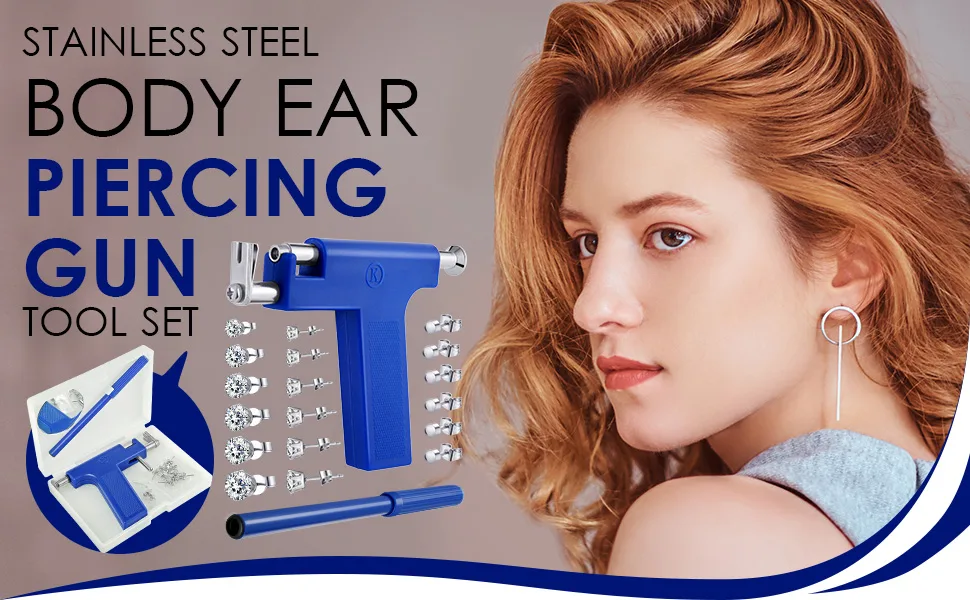 Stainless Steel Body Ear Piercing Tool Set Ear Nose Navel Piercing Machines with 12 Pairs Stud Earrings for Salon Home Use Blue - product information 2