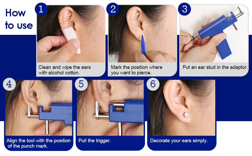 Stainless Steel Body Ear Piercing Tool Set Ear Nose Navel Piercing Machines with 12 Pairs Stud Earrings for Salon Home Use Blue - product information 6