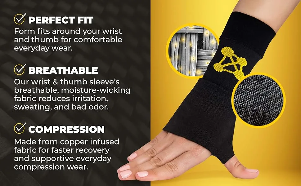 CopperJoint Wrist Compression Sleeve - Copper Infused Wrist Support Compression Brace - Ortho Guard - Wrist Pain & Fatigue Relief - Wrist Protector (Left or Right - Medium) Right-Medium Wrist Brace w/ Thumb Support - Our wrist & thumb sleeve form fits for a comfortable, breathable everyday compression wear.