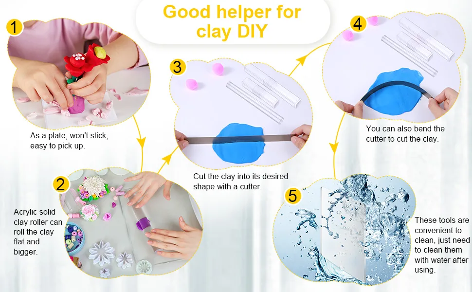 4 Pieces Acrylic Solid Clay Roller Clear Acrylic Sheet Rectangle Shape Backing Board Flexible Polymer Clay Cutters Carbon Steel Blades for DIY Shaping Modelling Sculpting Tools - product information 5