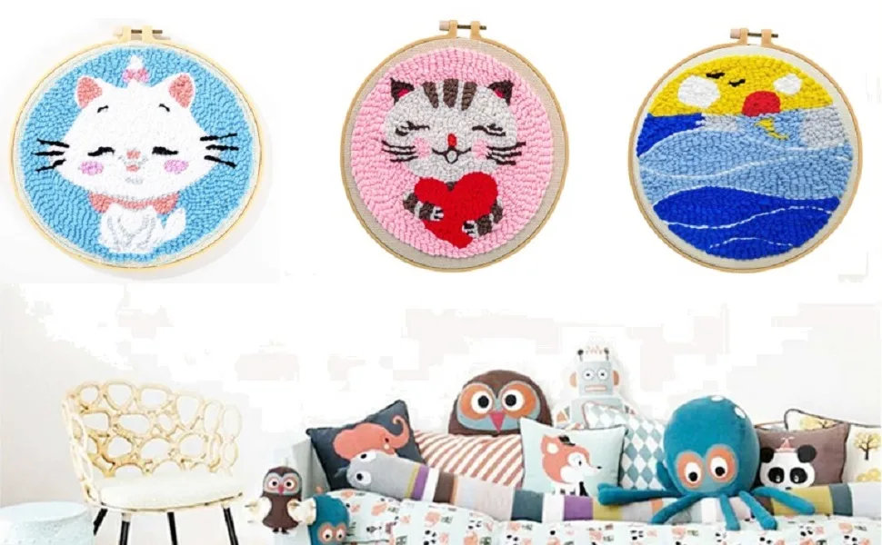 Maydear Punch Needle Starter Kit for Beginner Cartoon Rug Hooking Beginner Kit  with an Embroidery Pen and 9.8'' Hoop - Owl Couple - decoration