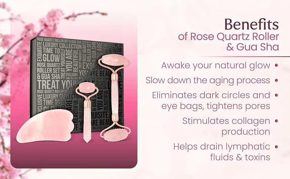 Rose Quartz Face Roller with Gua Sha and Jade Eye Roller-Face Roller Skin Care-Jade Roller for Face  Neck  Body Jade Roller Gua Sha Set Jade Face Roller - Rose Quartz Face Roller with Gua Sha