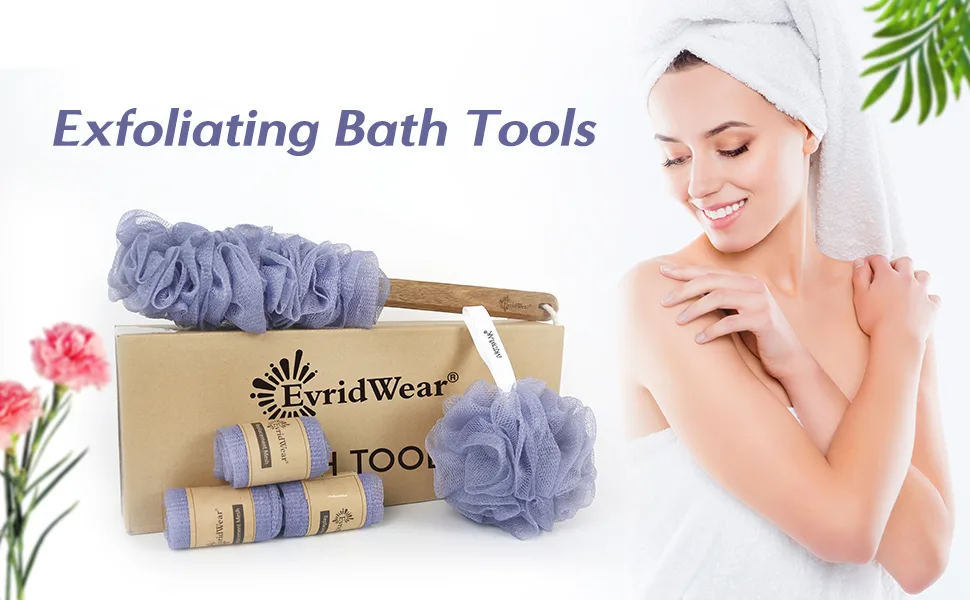 Evridwear Exfoliating Back Scrubber Heavy Duty Bath Sponge Shower Long Teak Wood Handle Replaceable Mesh Skin Disorders Smooth Body Style (Brush with Pouf) Bath (brush pouf)set - product information 9