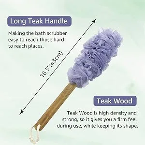 Evridwear Exfoliating Back Scrubber Heavy Duty Bath Sponge Shower Long Teak Wood Handle Replaceable Mesh Skin Disorders Smooth Body Style (Brush with Pouf) Bath (brush pouf)set - wood