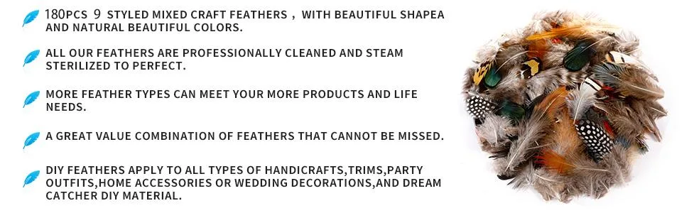 180pcs 9 Styled Natural Feathers Assorted Mixed Feathers for Jewelry and Dream Catcher Crafts 9 STYLEs/180 PCs - A great value combination of feathers that cannot be missed.