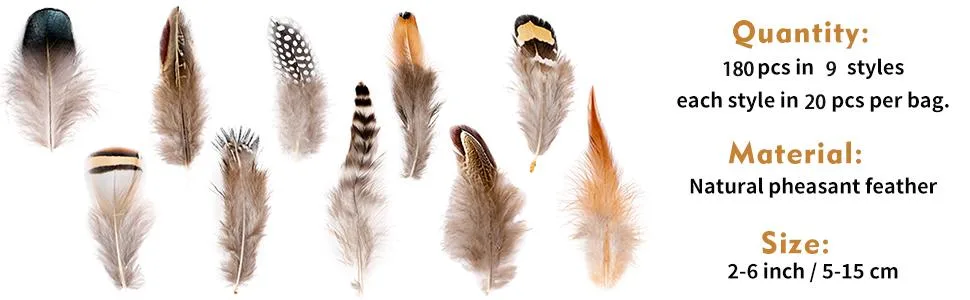 180pcs 9 Styled Natural Feathers Assorted Mixed Feathers for Jewelry and Dream Catcher Crafts 9 STYLEs/180 PCs - Quantity: 180pcs in 9 styles, each style in 20 pcs per bag. Material: Natural pheasant feather