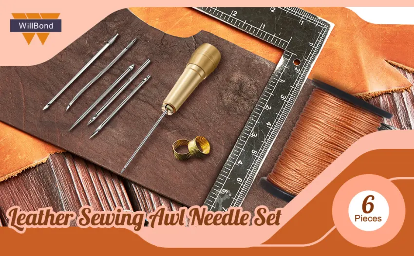 6 Pieces Canvas Leather Sewing Awl Needle with Copper Handle  50 m Nylon Cord Thread and 2 Pieces Thimble for Handmade Leather Sewing Tools Shoe and Leather Repair - product information 1