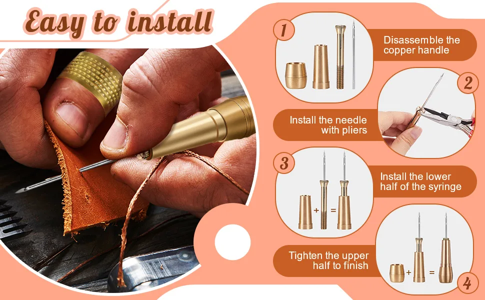 6 Pieces Canvas Leather Sewing Awl Needle with Copper Handle  50 m Nylon Cord Thread and 2 Pieces Thimble for Handmade Leather Sewing Tools Shoe and Leather Repair - product information 2