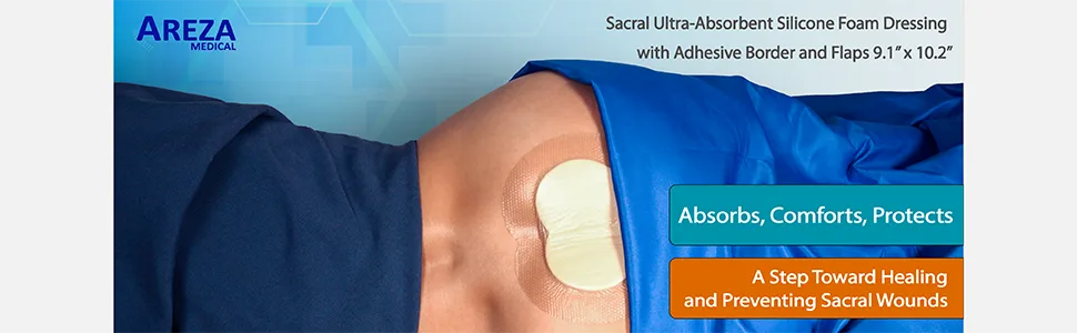 Sacral Dressing 10 Per Box Ultra-Absorbent Silicone Foam with Adhesive Border and Flaps 9.1 x 10.2 Sterile by Areza Medical - Sacral Dressing 10 Per Box Ultra-Absorbent Silicone Foam with Adhesive Border and Flaps