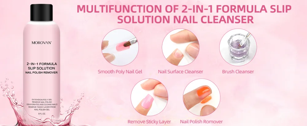 Morovan 2 in 1 Formula(Slip Solution for Poly Gel Nails+Nail Cleanser for Nail Polish) 8oz Lint-free Poly Gel Slip Solution Extension Nail Liquid Slip Solution - product information 2