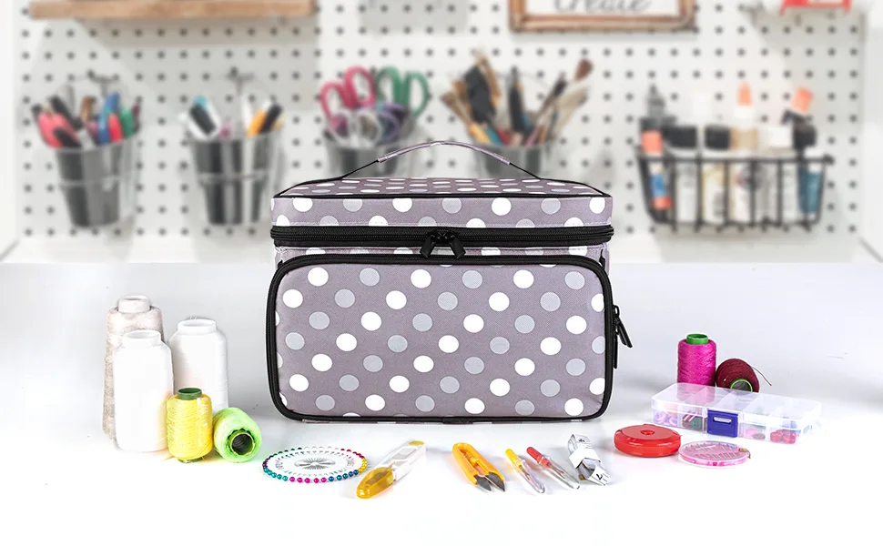 Luxja Sewing Accessories Organizer with 2 Detachable Clear Pockets  Sewing Supplies Organizer (Patent Design)  Polka Dots - sewing storage
