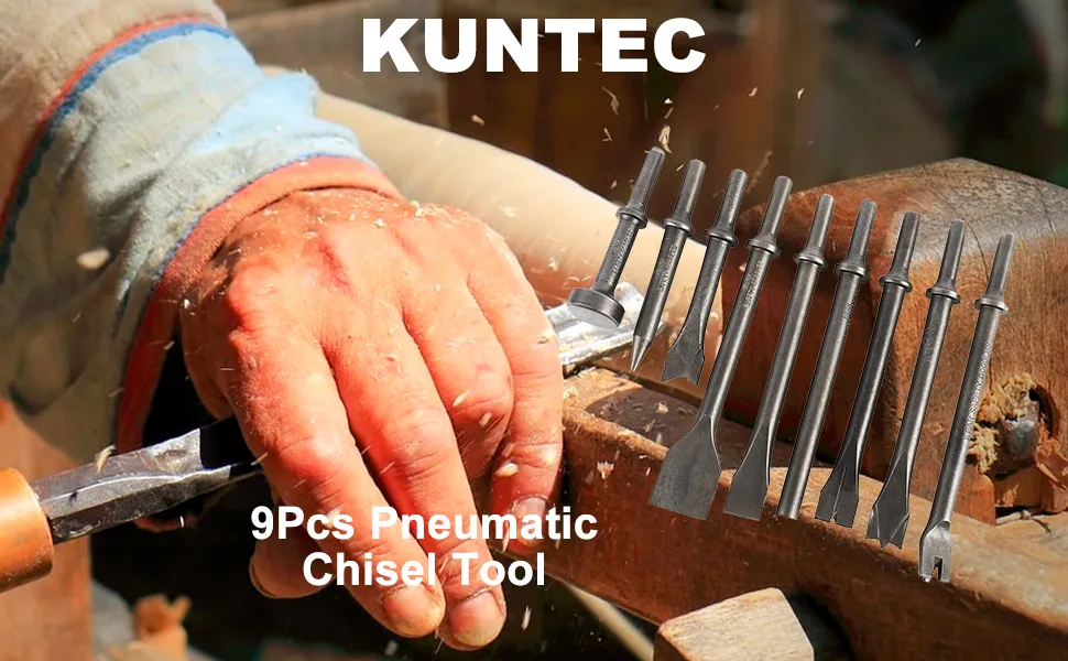 KUNTEC 9Pcs Pneumatic Chisel Tool Air Hammer Punch Chipping Bits Set 0.39 Inches Round Style Shank - product information 2