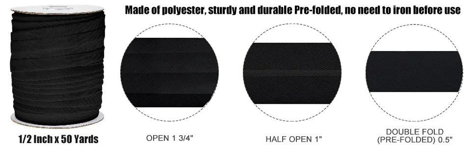 Double Fold Bias Tape Bias Binding Tape for Sewing  Seaming  Hemming  Piping  Quilting  1/2 Inch x 50 Yards (Black) - product information 2