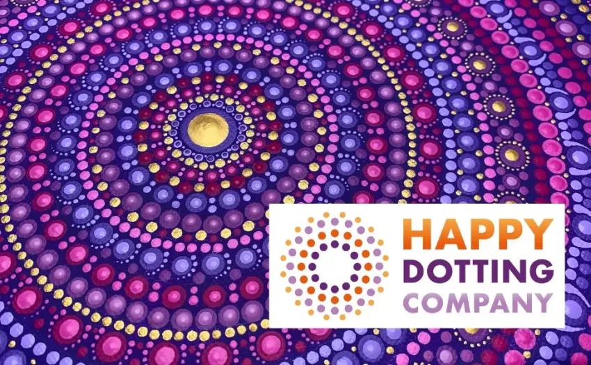 Tea Light Candle Holder Silicone Mold - by Happy Dotting Company - Round Shape - Tealight Candle Molds for Cement Casting - DIY & Creative Projects - Dotting and Mandala Art - Dot mandala in purples and pinks with Happy Dotting Company logo