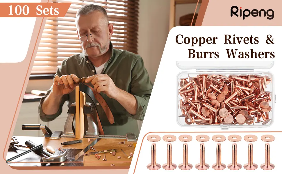 100 Sets Copper Rivets and Burrs Washers Leather Copper Rivet Fastener for Belts Wallets Collars Leather DIY Craft Supplies (9/16 Inch  Size 12) - product information 1