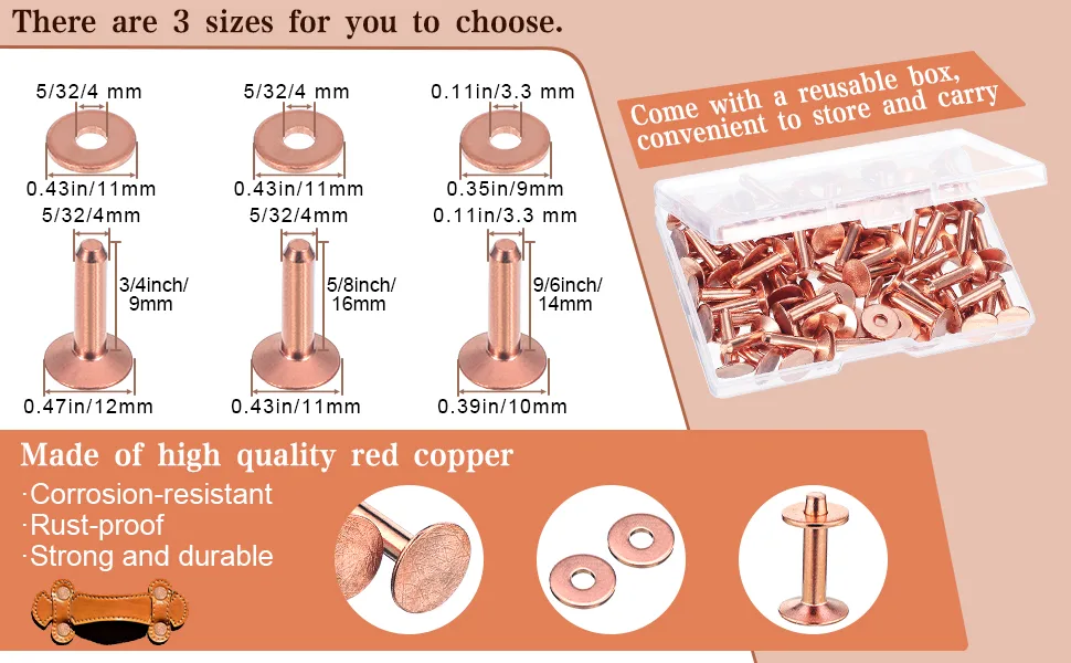 100 Sets Copper Rivets and Burrs Washers Leather Copper Rivet Fastener for Belts Wallets Collars Leather DIY Craft Supplies (9/16 Inch  Size 12) - product information 2