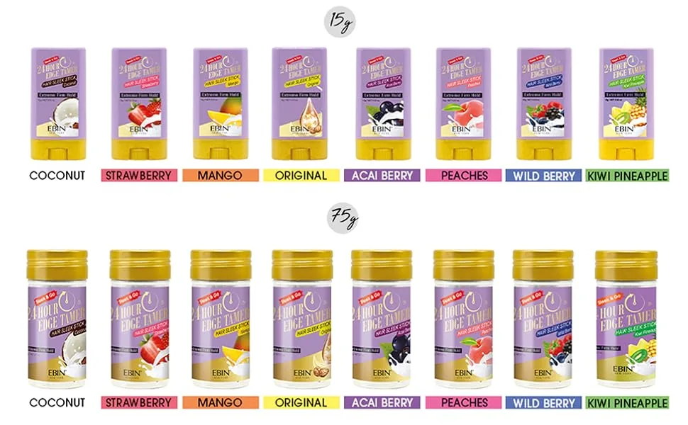 EBIN NEW YORK 24 Hour Edge Tamer Hair Sleek Stick  Extreme Firm Hold  2.7 oz  Mango   Sleek & Go  No Flaking and White Residue - come with 2 different sizes 0.53/2.7oz scents of many strawberry Mango Peaches Coconut Wild berry