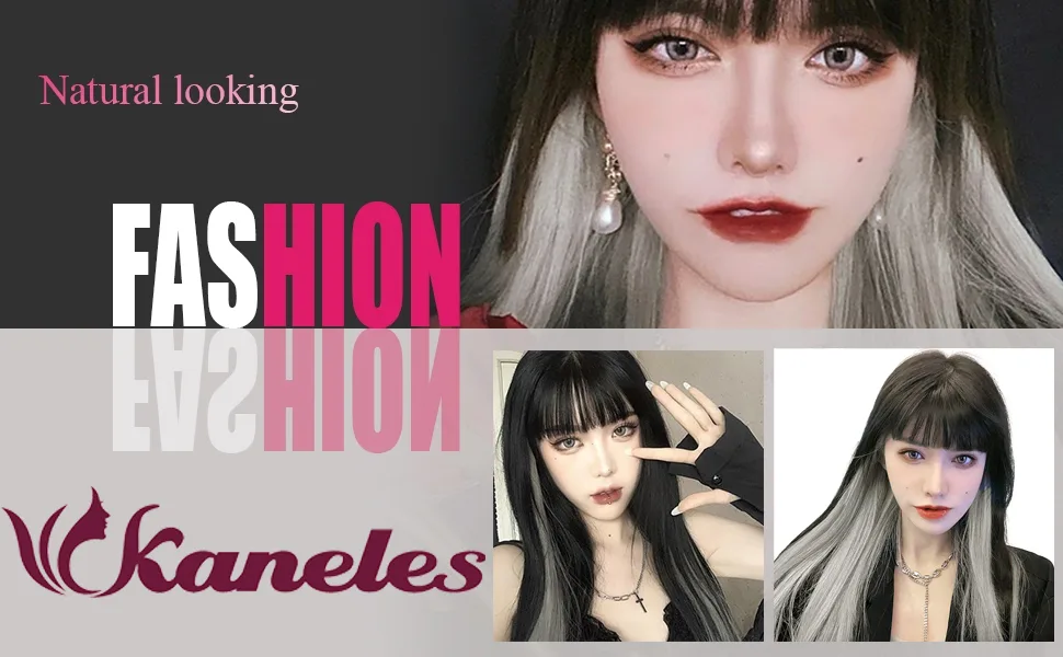 Kaneles Long Straight Black Mix Grey Wig With Bangs Heat Resistant Synthetic Hair Wig for Women - 19K085 01
