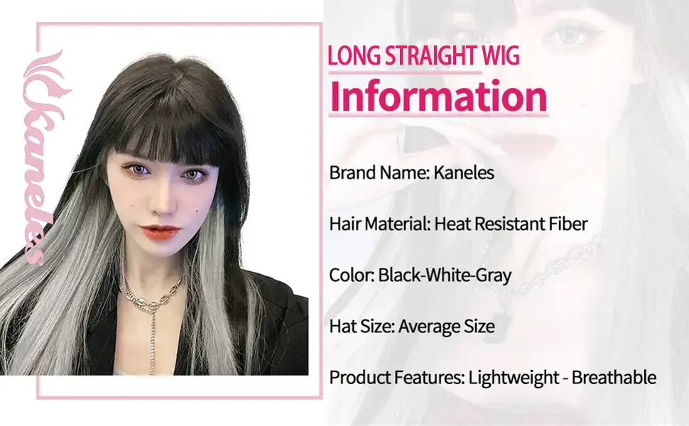 Kaneles Long Straight Black Mix Grey Wig With Bangs Heat Resistant Synthetic Hair Wig for Women - 19K085 02