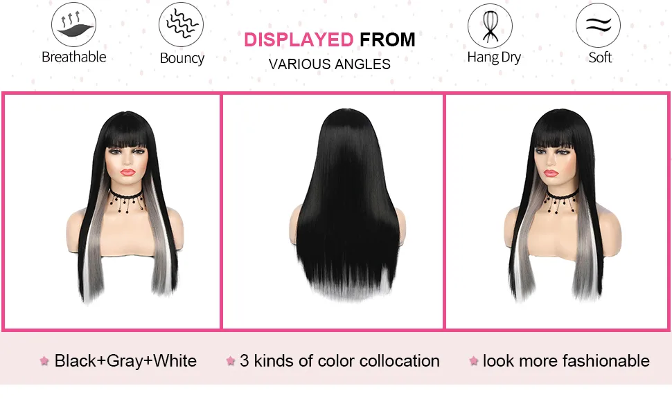Kaneles Long Straight Black Mix Grey Wig With Bangs Heat Resistant Synthetic Hair Wig for Women - 19K085 03